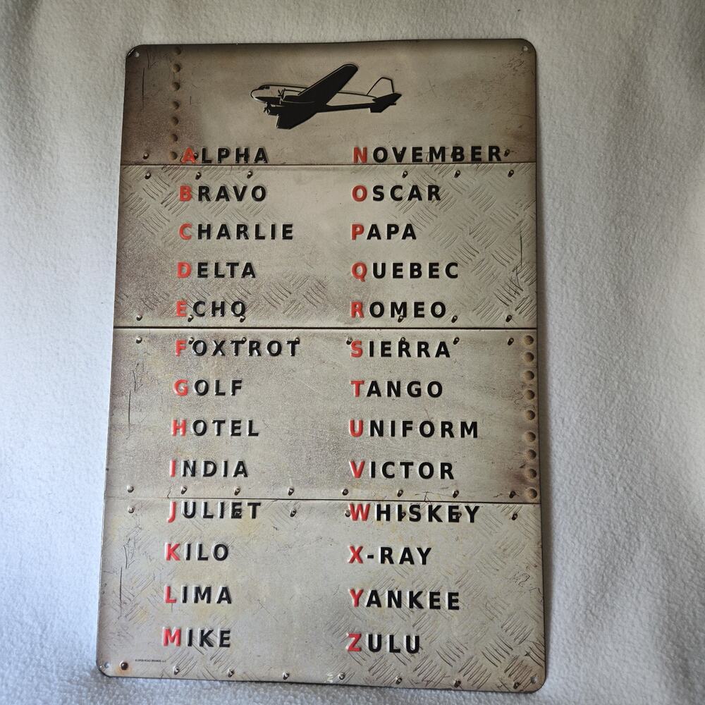 Phonetic Alphabet Pilot Aviation Military Metal Wall Sign Tin 18"x12"